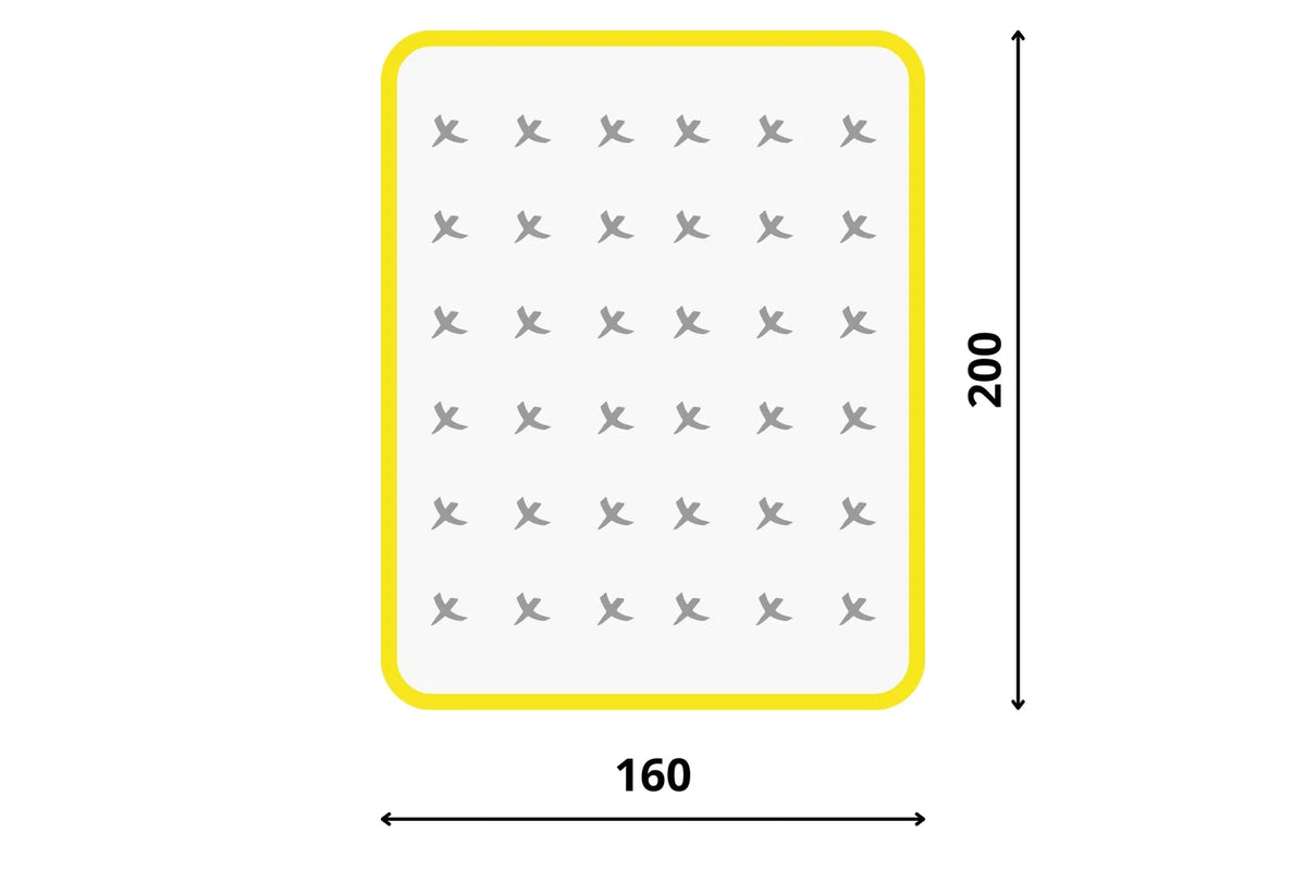 Matrace 160x200 cm s vyznačenými rozměry. Grafika znázorňuje ideální šířku 160 cm, která je nejlepším řešením pro manželské postele a komfort spánku ve dvou.