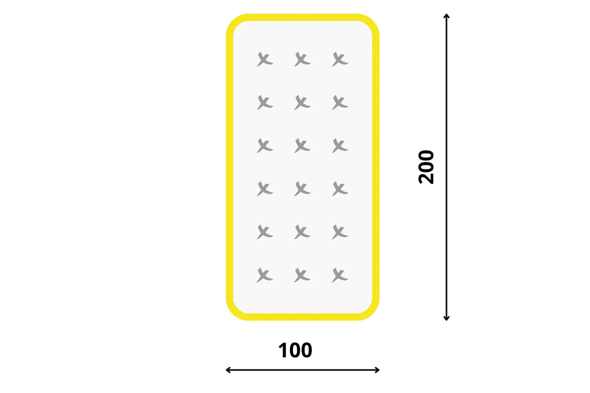 Matrace 100x200 s přesně vyznačenými rozměry. Grafika zdůrazňuje ideální šířku 100 cm pro jednolůžko, která zaručuje dostatečný komfort a prostor pro jednu osobu.