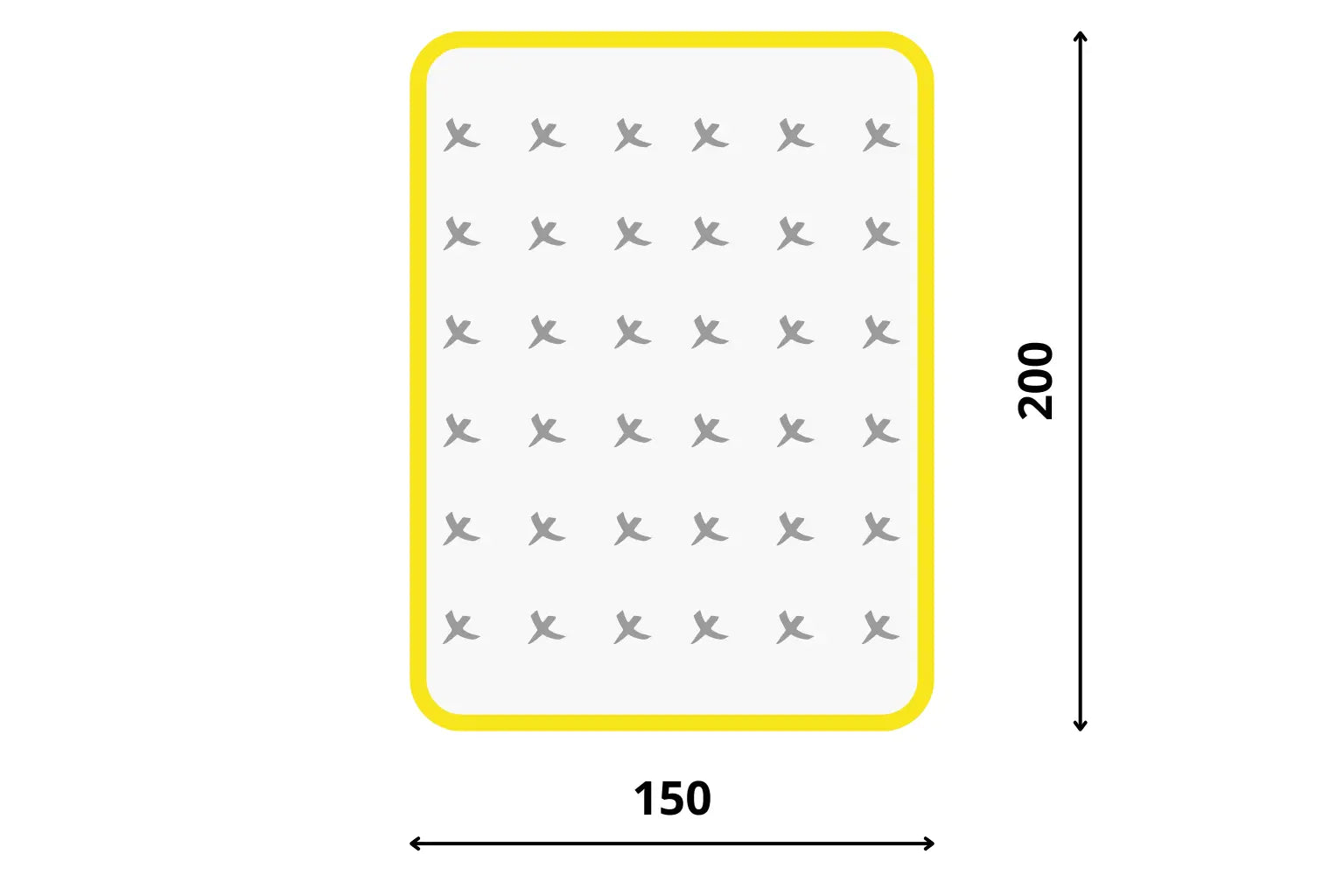 Technický nákres rozměrů pro matraci 150x200 cm s vyznačenou šířkou 150 a délkou 200 od Azonelo.