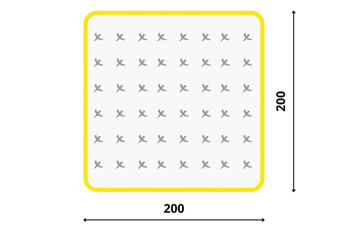 Matrac 200x200 v grafickom znázornení kráľovského rozmeru pre luxusný partnerský spánok.