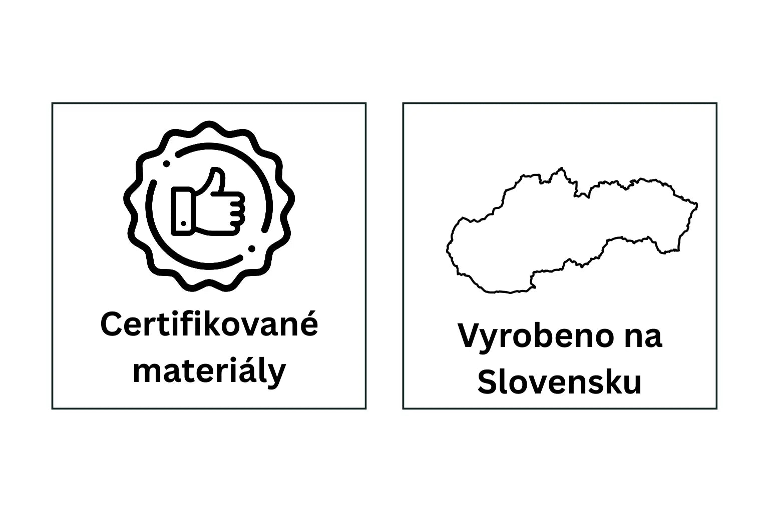 Grafika zobrazující ikonu pro „Certifikované materiály“ a mapu Slovenska pro „Vyrobeno na Slovensku“