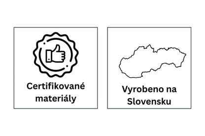 Grafika zobrazující ikonu pro „Certifikované materiály“ a mapu Slovenska pro „Vyrobeno na Slovensku“