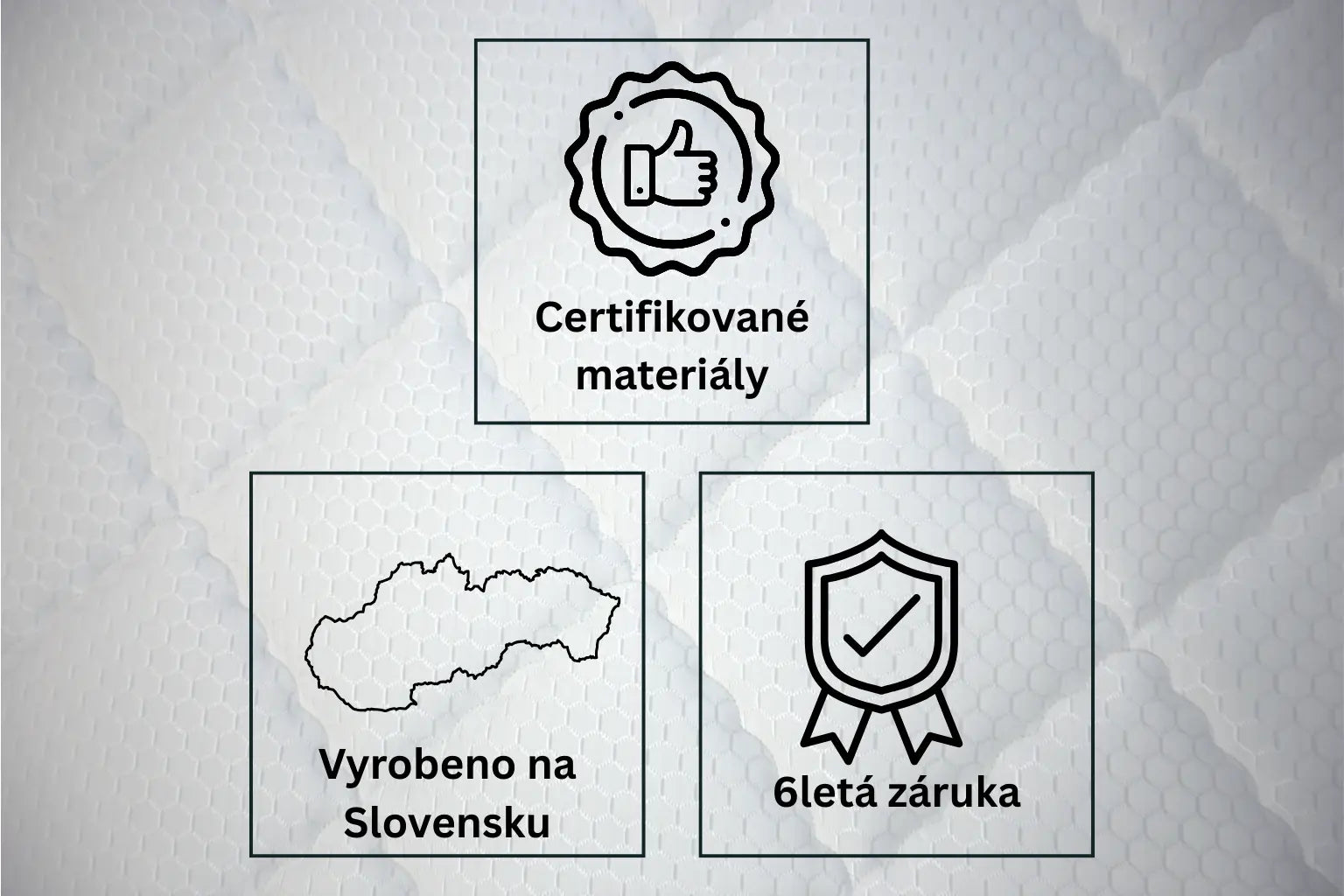 Infografika benefitů pro matraci s paměťovou pěnou Azonelo Yellow, která zobrazuje ikony pro certifikované materiály, slovenskou výrobu a 6letou záruku.