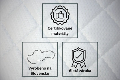 Infografika benefitů pro matraci s paměťovou pěnou Azonelo Yellow, která zobrazuje ikony pro certifikované materiály, slovenskou výrobu a 6letou záruku.